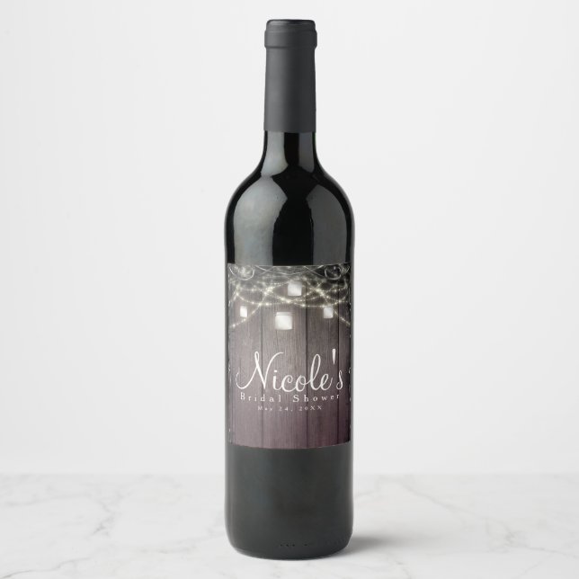 Rustic Wood Lights & Mason Jars Flourish Wine Wine Label (Front)