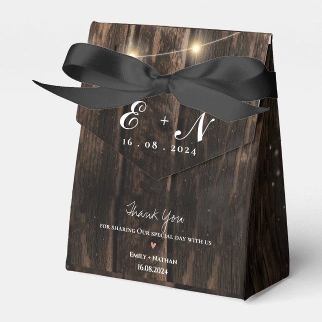 Rustic Wood Lights Monogram Thank You Wedding Favour Box (Front Side)