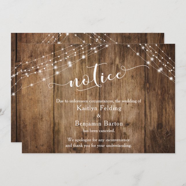 Rustic Wood & Lights Notice Cancelled Wedding Card (Front/Back)