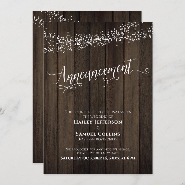 Rustic Wood, Lights Postponed Wedding Announcement (Front/Back)