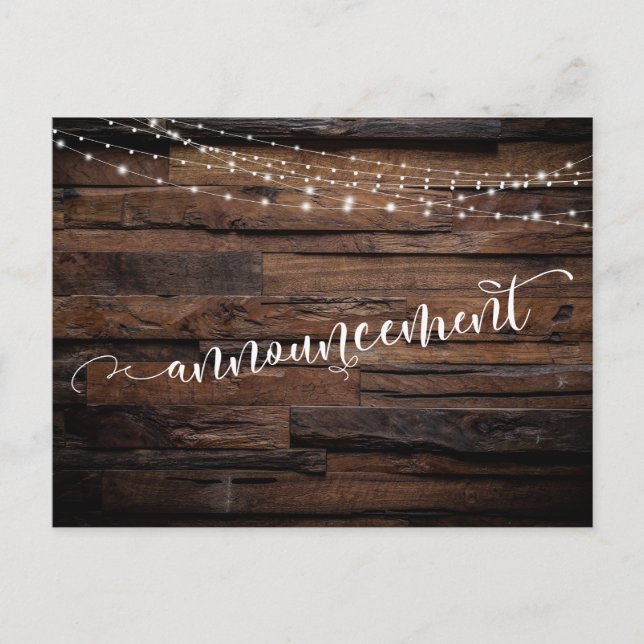 Rustic Wood Lights Postponed Wedding Announcement Postcard (Front)
