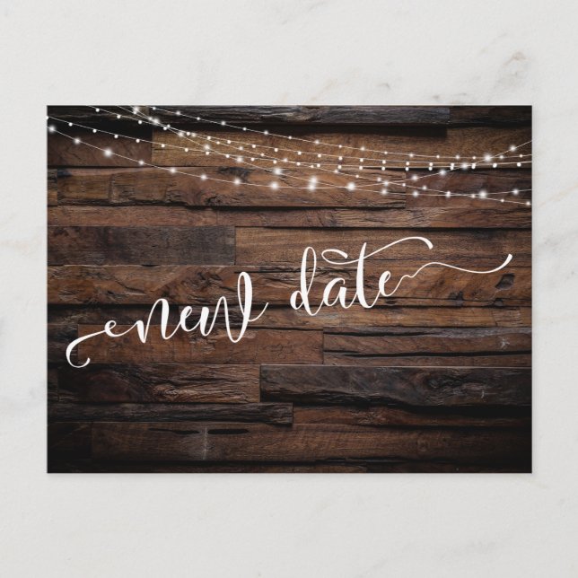 Rustic Wood & Lights Postponed Wedding New Date Postcard (Front)