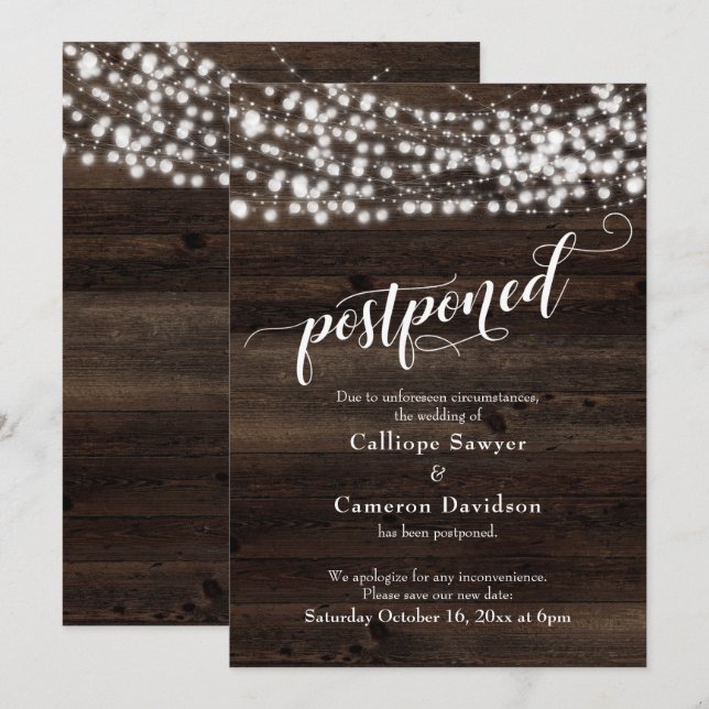 Rustic Wood & Lights Postponed Wedding Update Card (Front/Back)
