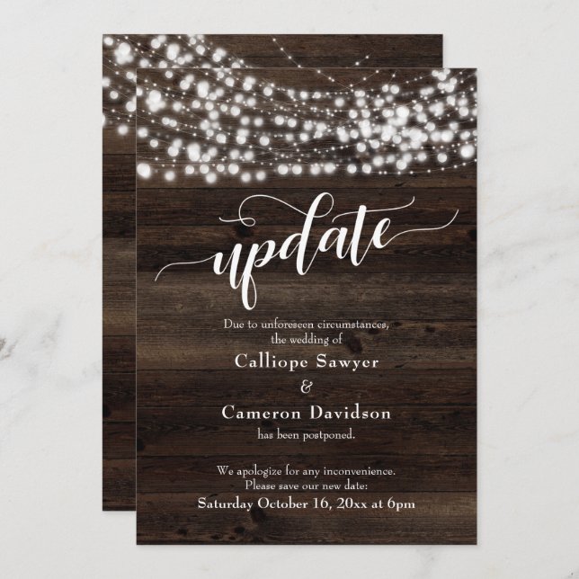 Rustic Wood & Lights Postponed Wedding Update Card (Front/Back)