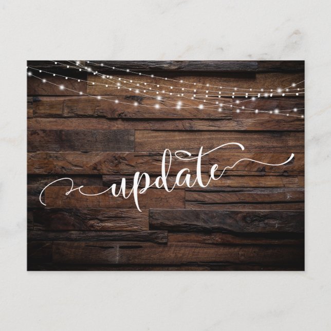 Rustic Wood & Lights Postponed Wedding Update Postcard (Front)