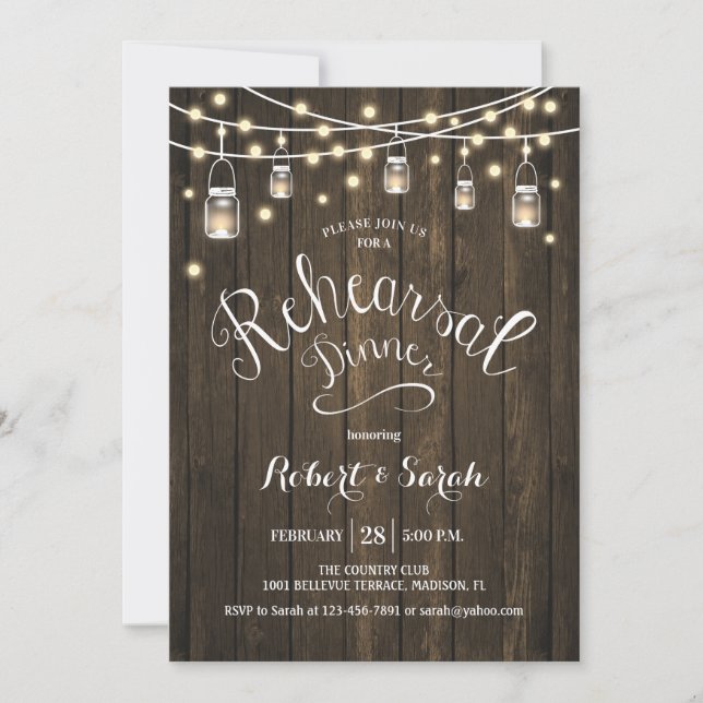 Rustic Wood & Lights Rehearsal Dinner Invitation (Front)