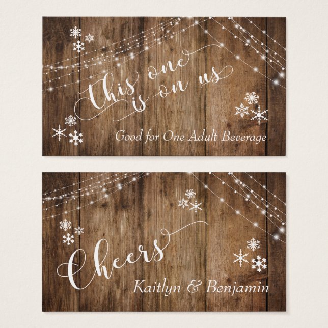 Rustic Wood, Lights & Snowflakes Drink Tickets (Front & Back)