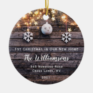 Rustic Wood Lights Stars Housewarming New Address Ceramic Ornament