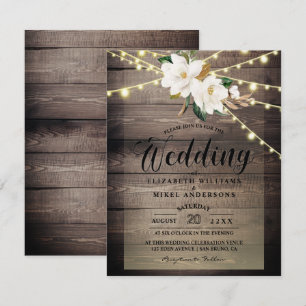 Rustic Wood Lights String & Floral White wedding Invitation