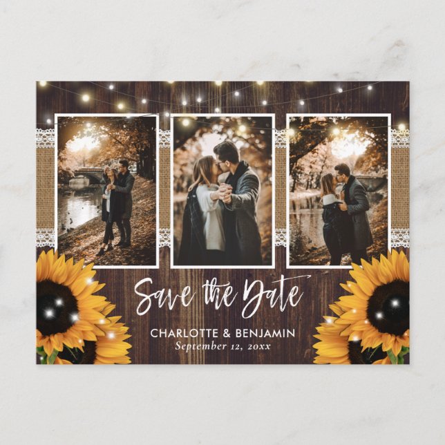 Rustic Wood Lights Sunflower 3 Photo Save The Date Announcement Postcard (Front)