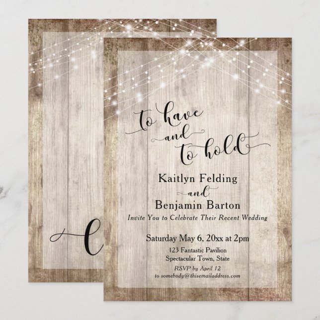 Rustic Wood & Lights To Have and To Hold Reception Invitation (Front/Back)
