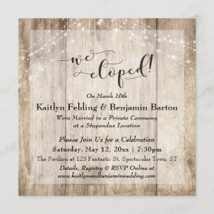 Rustic Wood Lights We Eloped Typography, Reception Invitation