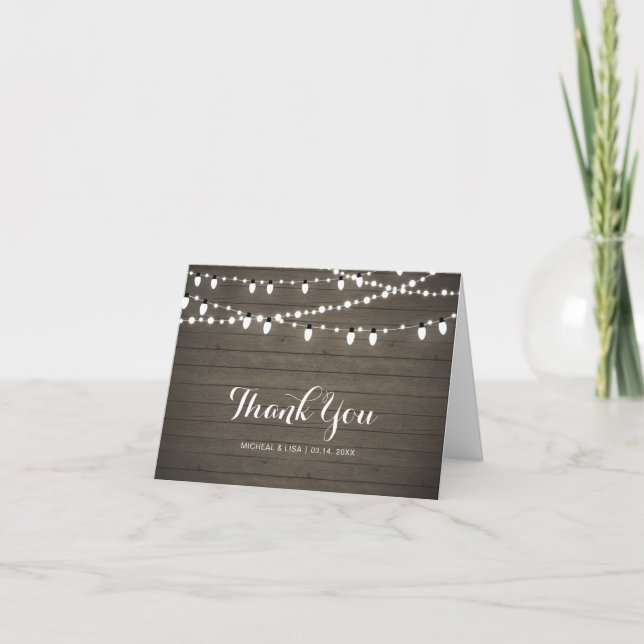 Rustic Wood & Lights Wedding /Party Thank you Card (Front)