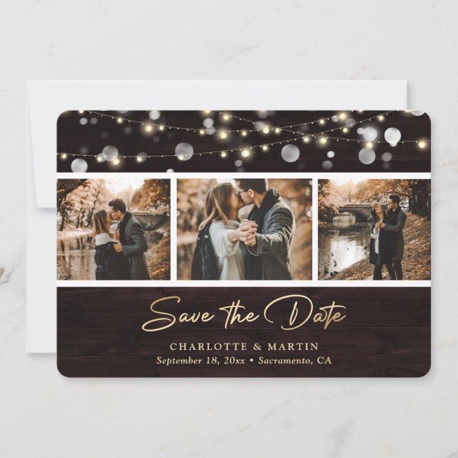 Rustic Wood Lights Wedding Photo Save The Date (Front)