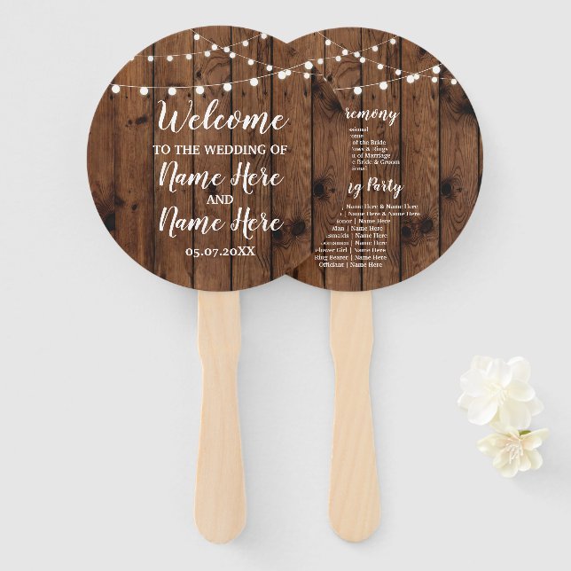 Rustic Wood Lights Wedding Programme Fan (Front and Back)
