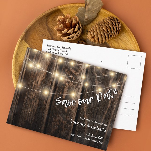Rustic Wood Lights Wedding Save the Date Announcement Postcard (Rustic Wood Lights Wedding Save the Date Announcement Postcard)