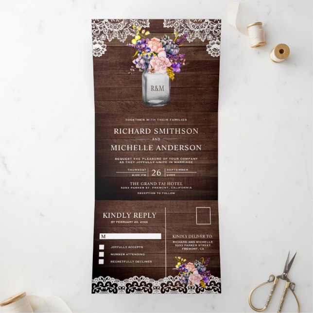 Rustic Wood Lilac Pink Rose Mason Jar Lace Wedding Tri-Fold Invitation (Inside)
