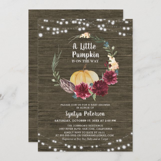  Rustic Wood Little Pumpkin Baby Shower Invitation (Front/Back)