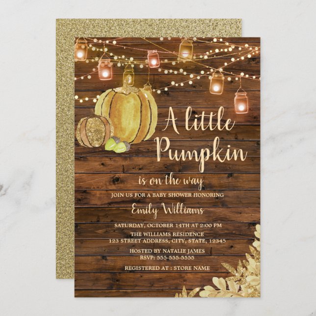 Rustic Wood Little Pumpkin Fall Baby Shower Invitation (Front/Back)