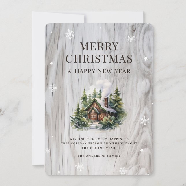 Rustic Wood Log Cabin Snowflake Holiday Card (Front)