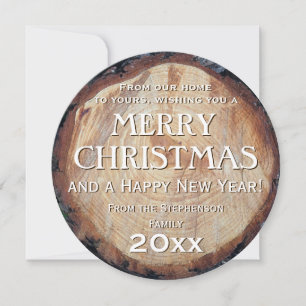 Rustic Wood Log Cut Tree Custom Christmas Greeting Holiday Card