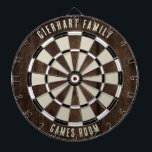 Rustic Wood Look Black White Games Room Custom Dartboard<br><div class="desc">Elevate your game nights with our custom family wood effect dartboard, designed to bring a personal touch to your home. This unique dartboard allows you to proudly display your family name and location, making it not just a game but a cherished family heirloom. Ideal for gatherings, backyard parties, or simply...</div>