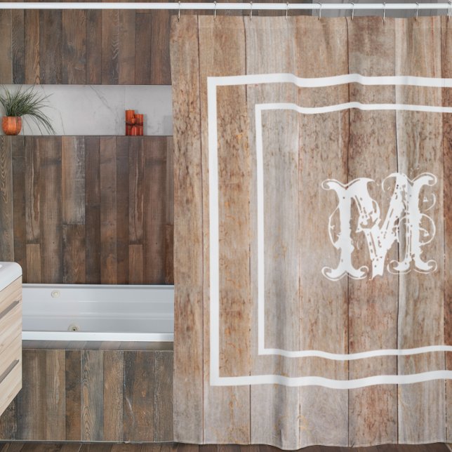 Rustic Wood Look Monogram Distressed Aged Shower Curtain (Creator Uploaded)
