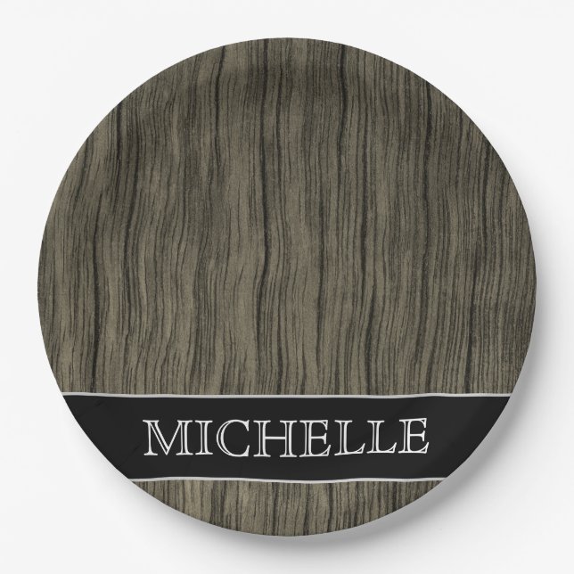 Rustic Wood Look Pattern + Custom Name Paper Plate (Front)