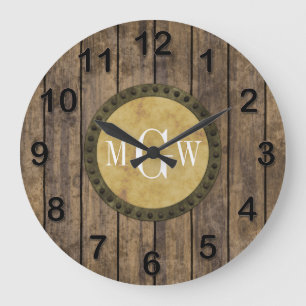 Rustic Wood Look Planks #1 Steampunk 3 Monogram Large Clock
