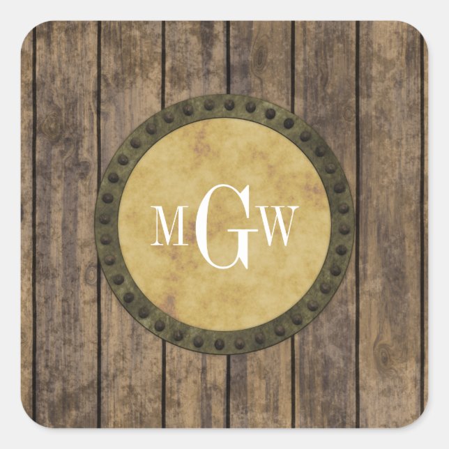 Rustic Wood Look Planks #1 Steampunk 3 Monogram Square Sticker (Front)