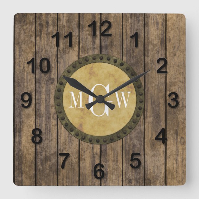 Rustic Wood Look Planks #1 Steampunk 3 Monogram Square Wall Clock (Front)