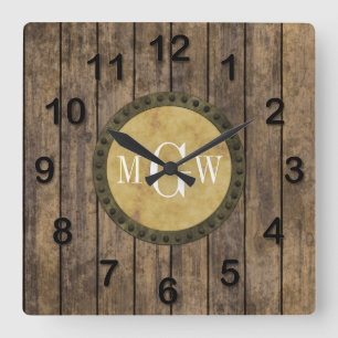 Rustic Wood Look Planks #1 Steampunk 3 Monogram Square Wall Clock