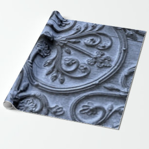 Rustic Wood Look Scroll Pattern on Blue Background Wrapping Paper