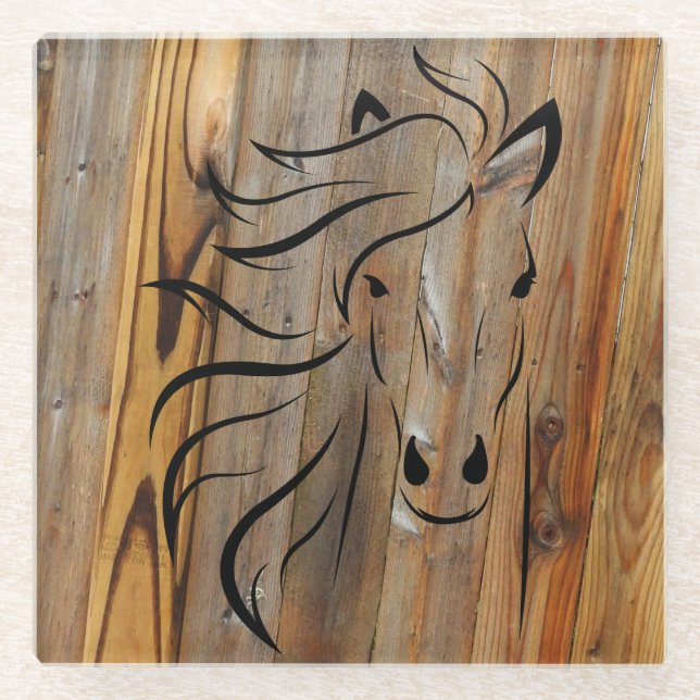 Rustic Wood Look -Wild Horse Head Glass Coaster (Front)