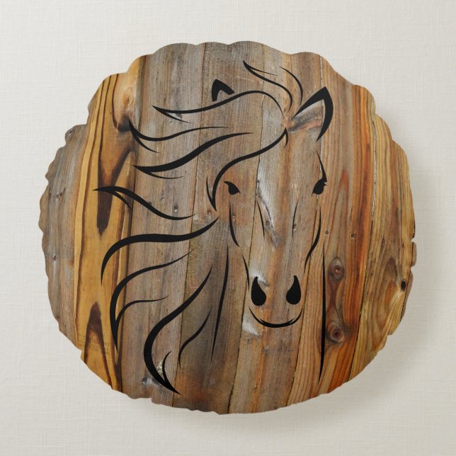 Rustic Wood Look -Wild Horse Head Round Cushion (Front)