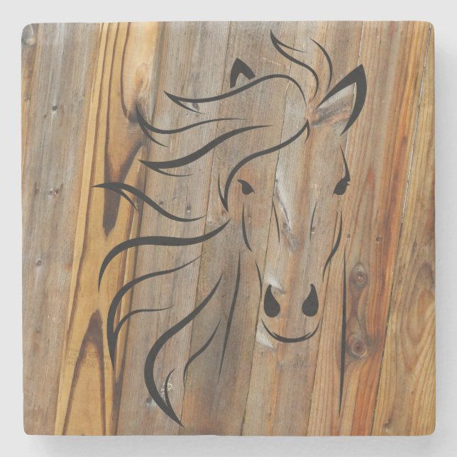 Rustic Wood Look - Wild Horse Head Stone Coaster (Front)