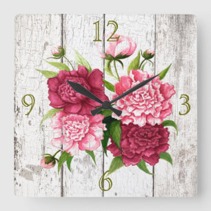 Rustic Wood Look with Peonies Wall Clock