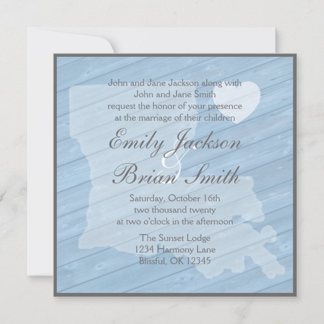 Rustic wood Louisiana blue wedding invitations (Front)