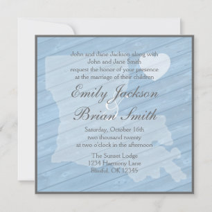 Rustic wood Louisiana blue wedding invitations
