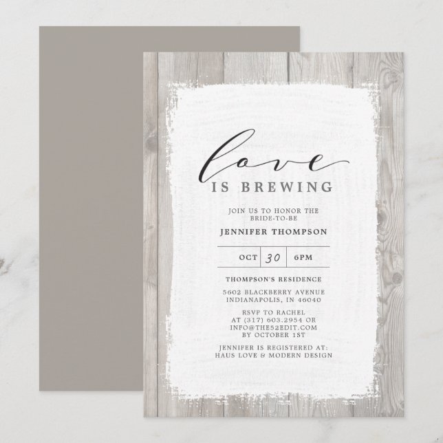 Rustic Wood Love Is Brewing Bridal Shower Invitation (Front/Back)