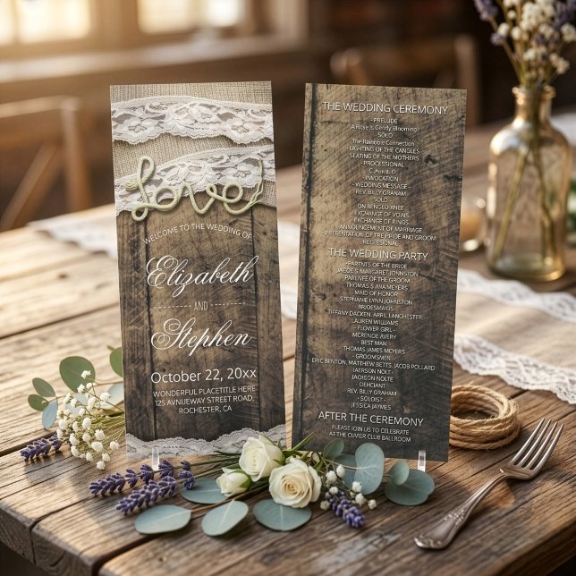 Rustic Wood Love Rope Burlap Lace Wedding Program (Creator Uploaded)
