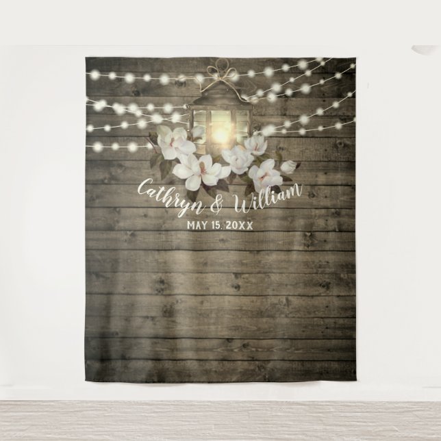 Rustic Wood Magnolia Lantern String Lights Wedding Tapestry (Front)