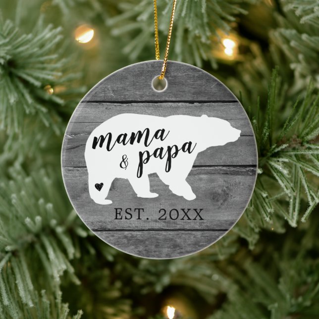 Rustic Wood Mama Papa Bear Heart Birth Ceramic Ornament (Tree)