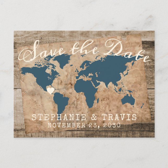 Rustic Wood Map Destination Wedding Save the Date Announcement Postcard (Front)
