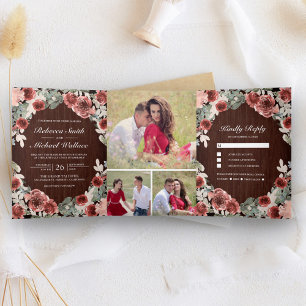 Rustic Wood Marsala Floral Photo Collage Wedding Tri-Fold Invitation