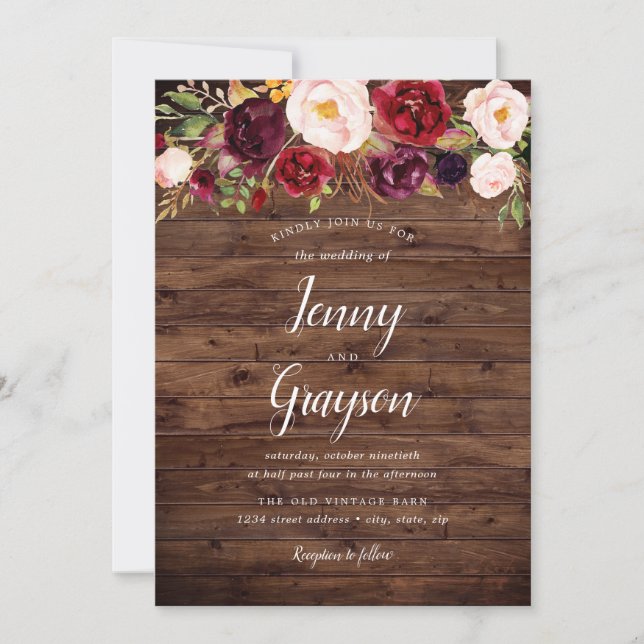 Rustic Wood Marsala Floral Wedding Invitation (Front)