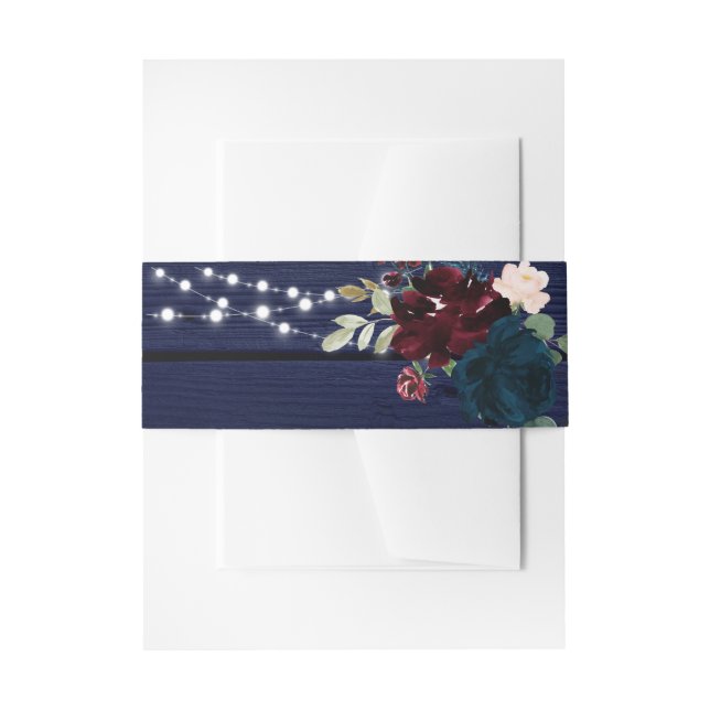 Rustic Wood Marsala & Navy Blue Floral Wedding  Invitation Belly Band (Front Example)