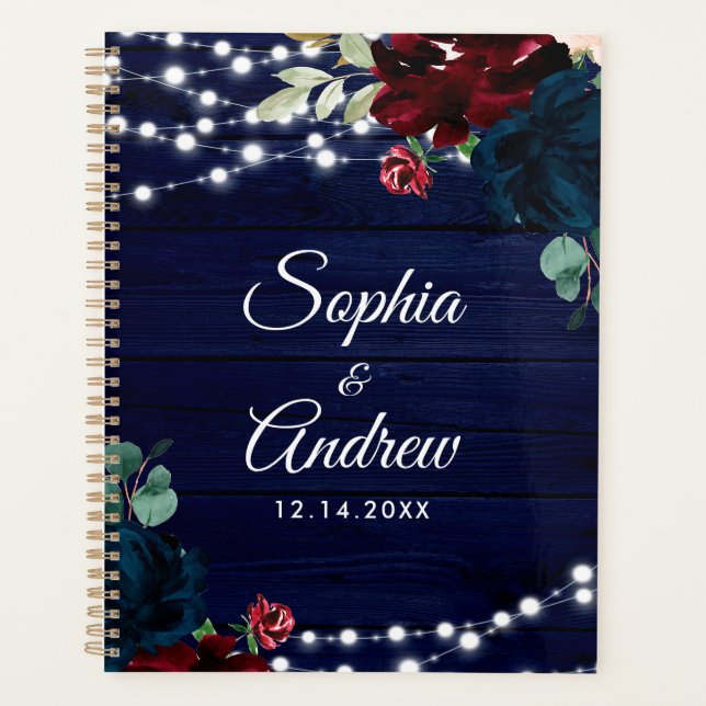 Rustic Wood Marsala & Navy Blue Flowers Planner (Front)