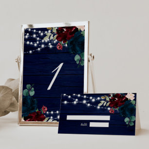 Rustic Wood Marsala & Navy Blue Flowers  Table Number