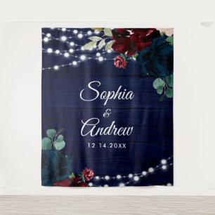 Rustic Wood Marsala & Navy Blue Flowers Tapestry
